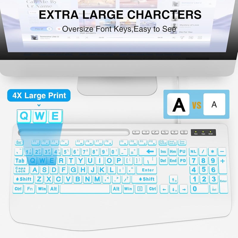 SABLUTE Large Print Backlit Computer Keyboards, Wired Lighted USB Keyboards with 7-Color Backlit, Wrist Rest, Phone Holder, Easy to Read and Type for Laptop, PC, Windows, Desktop (White) - Image 2